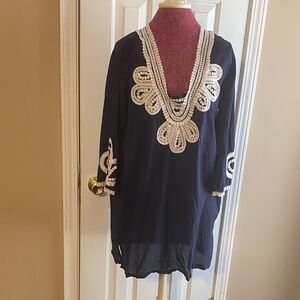 J. Crew Navy & White Embroidered Boho Tunic – Size Large